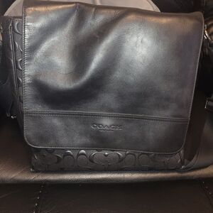 Coach Black Leather Embossed Messenger Bag